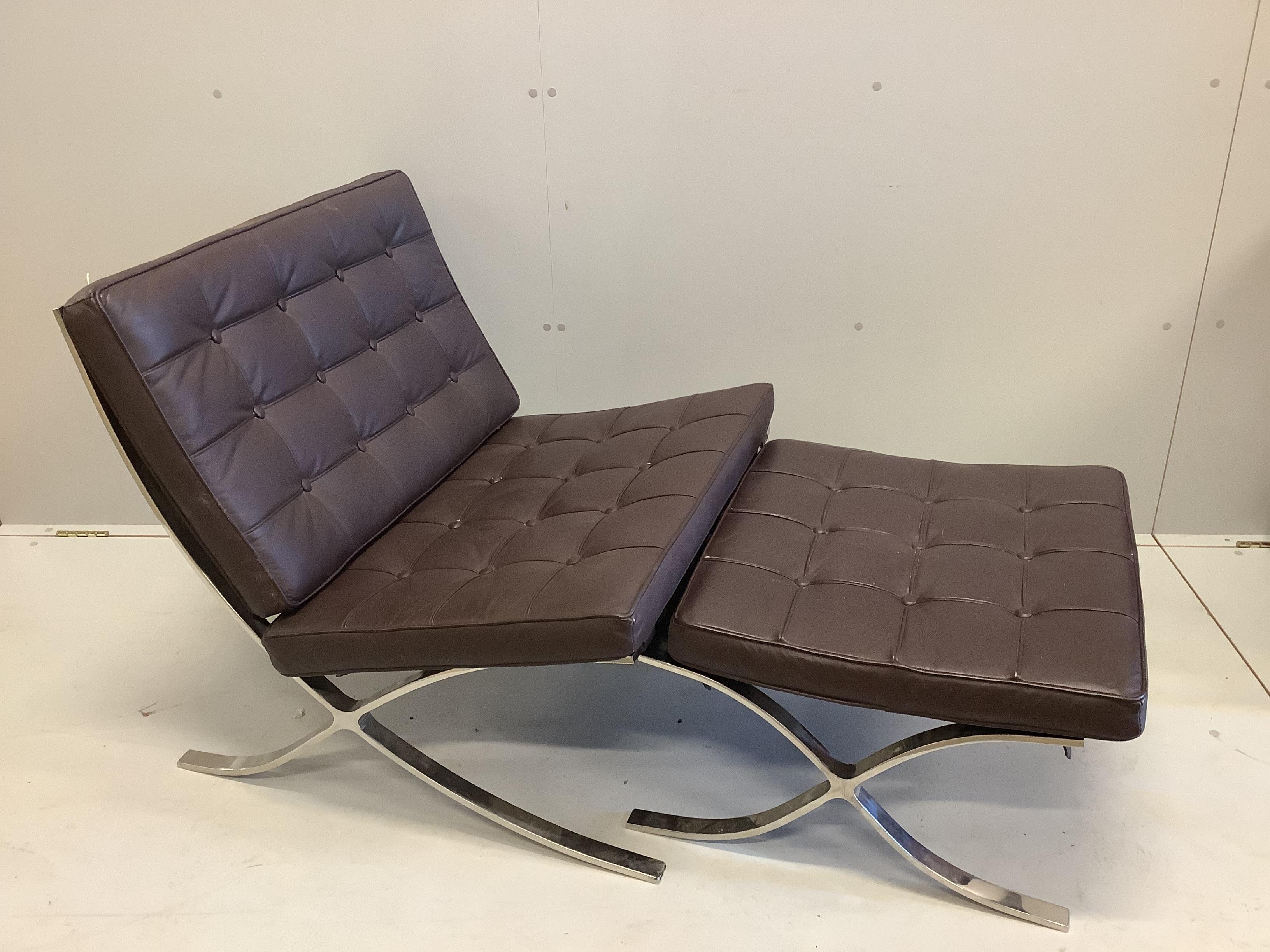 A Barcelona style brown leather and chrome chair, width 75cm, depth 77cm, height 76cm and footstool